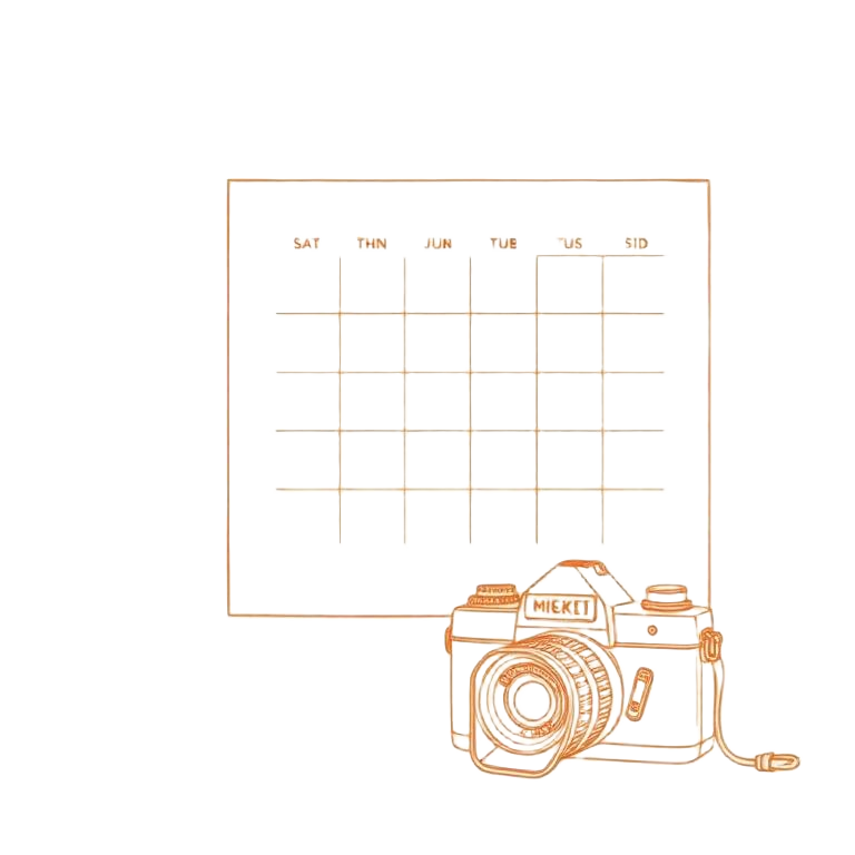 Line drawing of a film camera beside a calendar