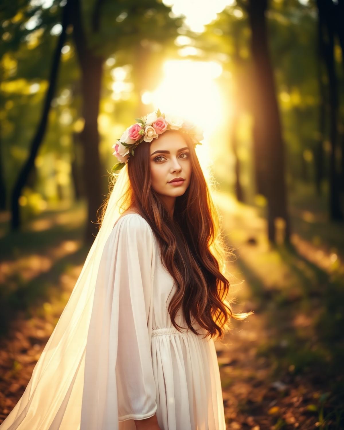 Woman with floral crown in forest