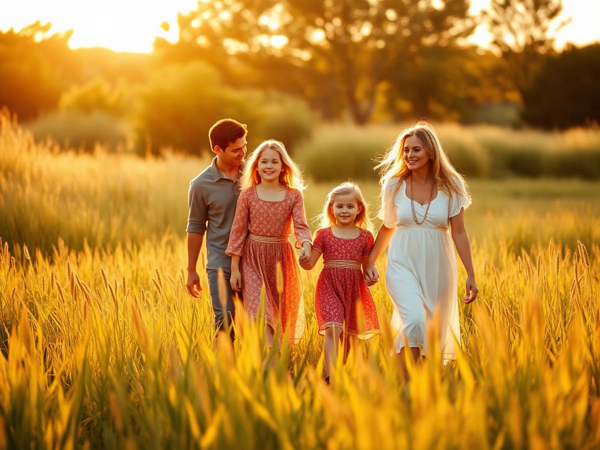 Family walking through golden field