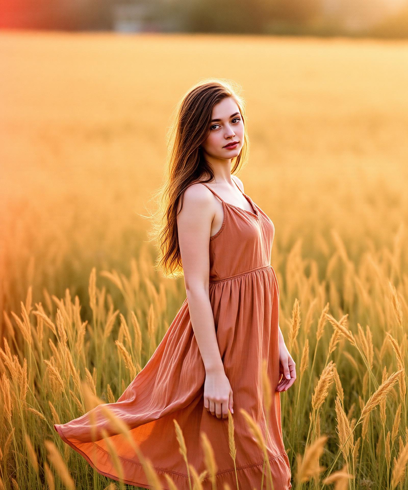 Woman in terracotta dress in wheat field